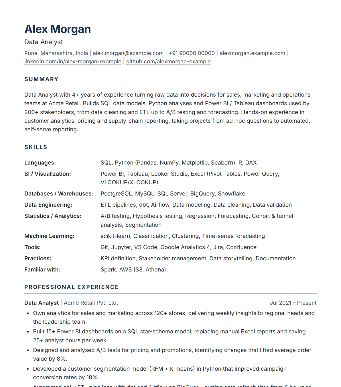 Example of a clean, single-column ATS-friendly resume created with the builder